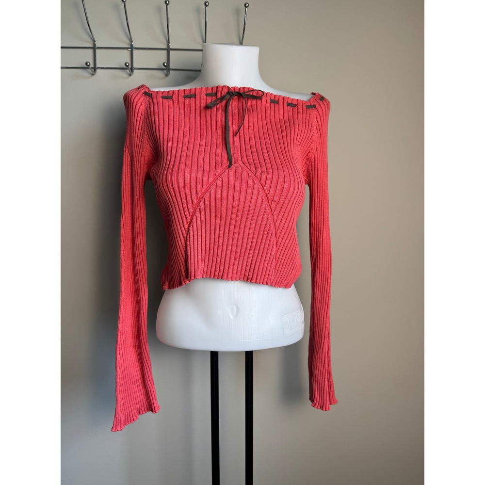 Parabeau Womens Coral Silk Blend Ribbed Off Shoulder Crop Sweater XS Coquette